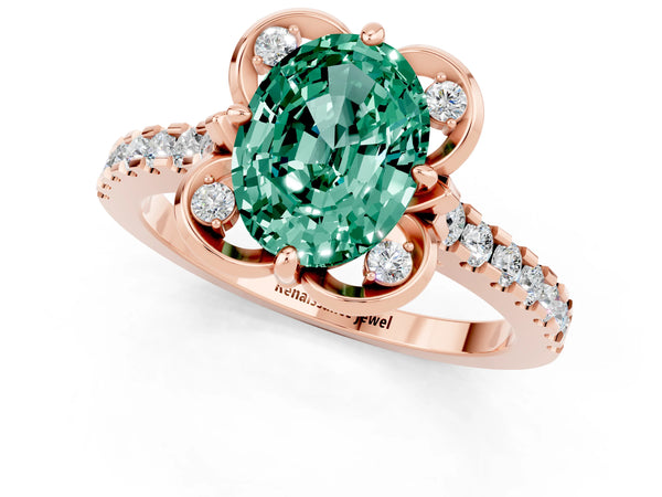 Rose gold Oval Cut Green Sapphire Ring with Pavé Band and Floral Prong Setting