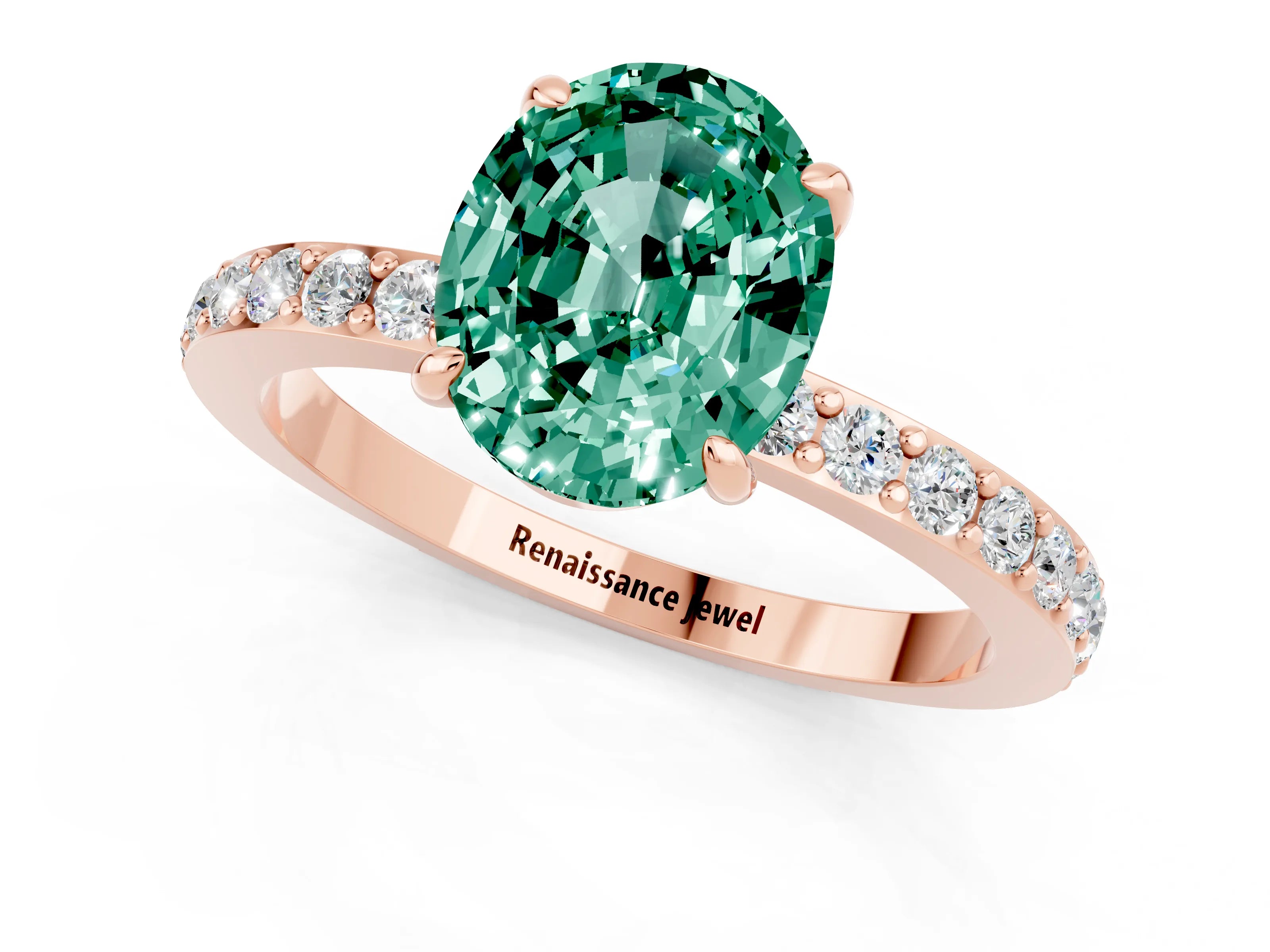 Rose gold Oval Cut Green Sapphire Ring with Pavé Band and Four-Prong Setting_1