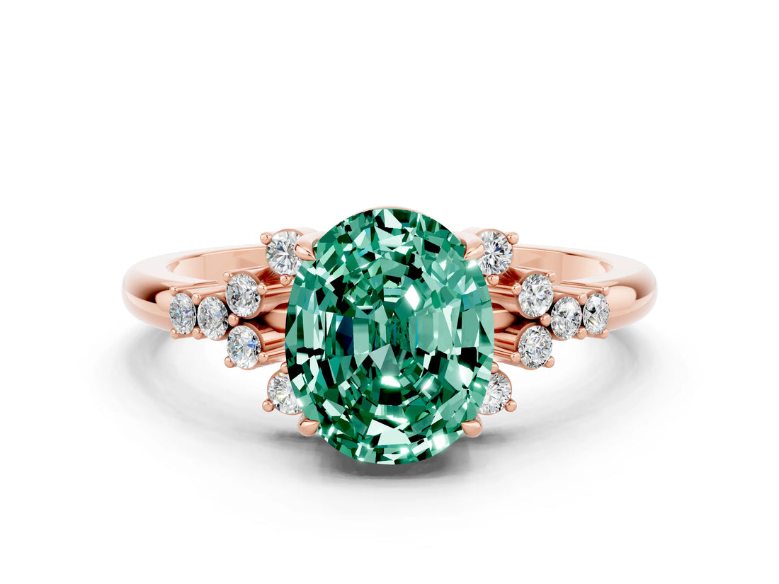 Rose gold Oval Cut Green Sapphire Ring with Side Stones and Four-Prong Setting_72