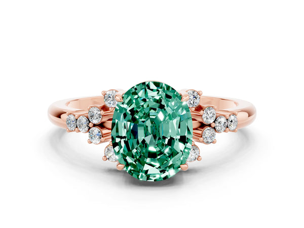 Rose gold Oval Cut Green Sapphire Ring with Side Stones and Four-Prong Setting