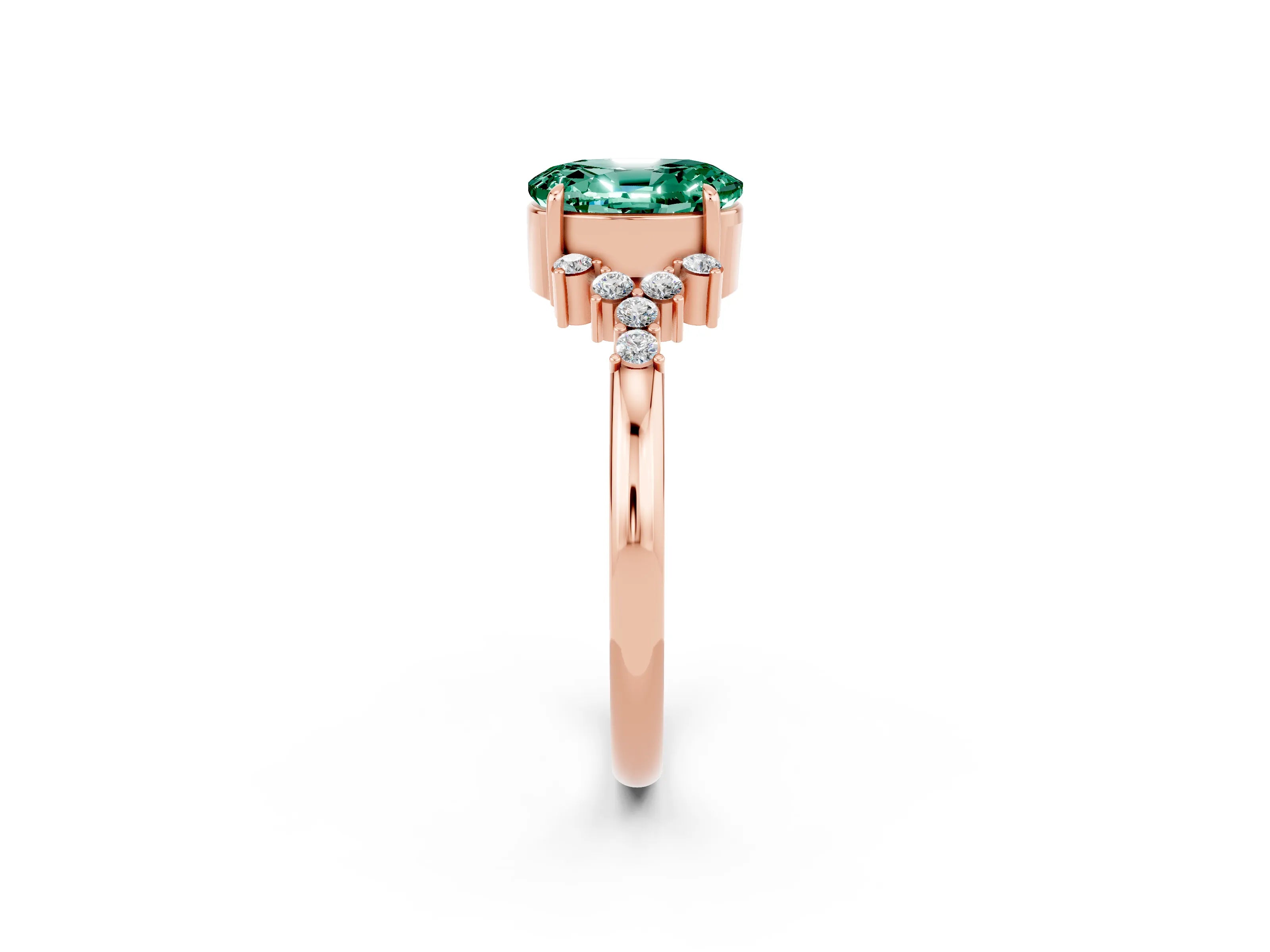 Rose gold Oval Cut Green Sapphire Ring with Side Stones and Four-Prong Setting_74