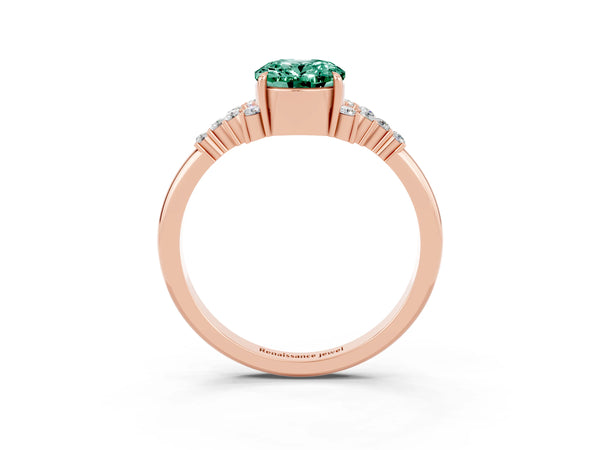 Rose gold Oval Cut Green Sapphire Ring with Side Stones and Four-Prong Setting