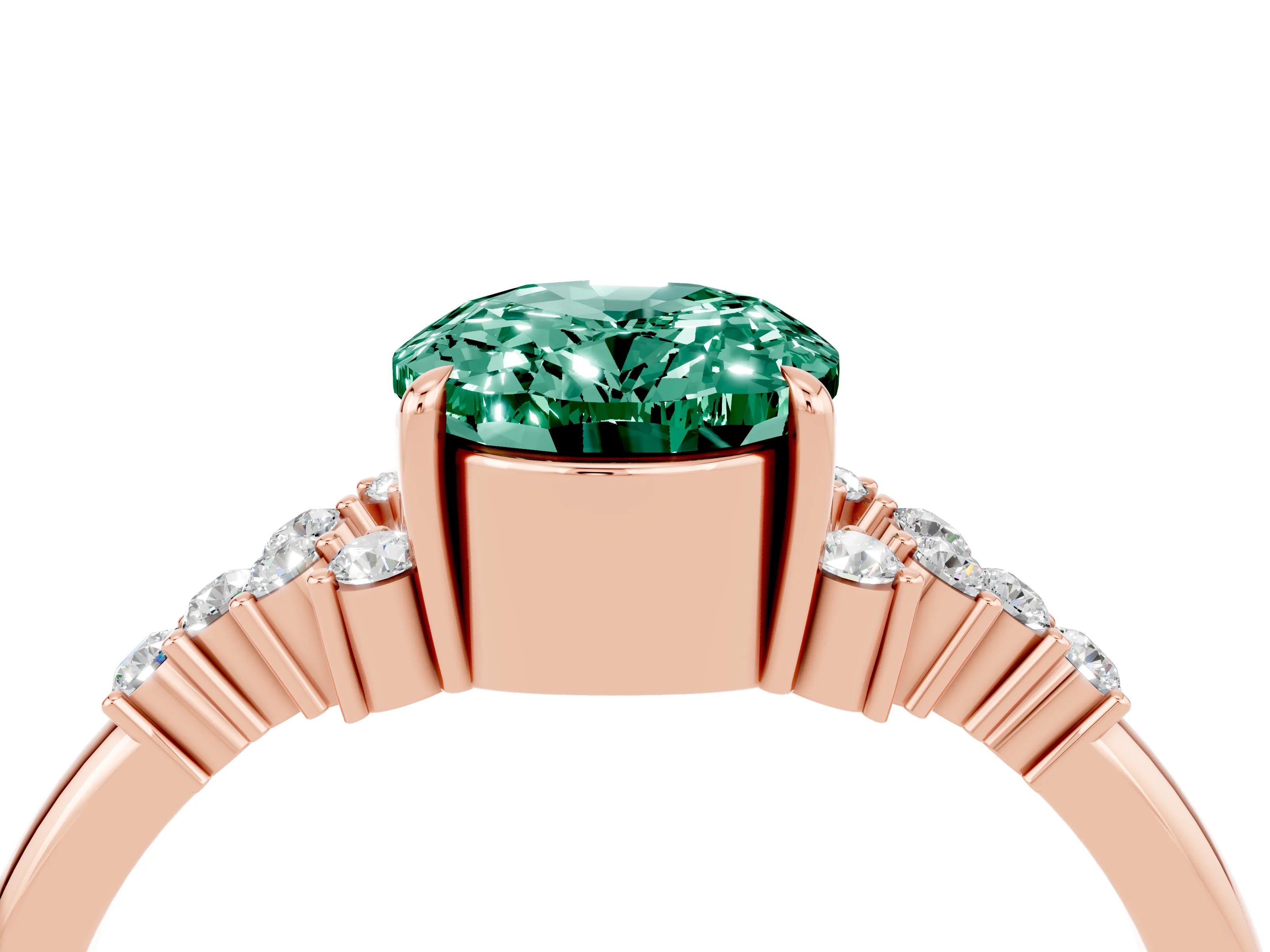 Rose gold Oval Cut Green Sapphire Ring with Side Stones and Four-Prong Setting_76