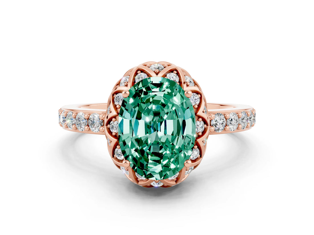 Rose gold Oval Cut Green Sapphire Scalloped Halo Engagement Ring with Round Shared Prong Band_12