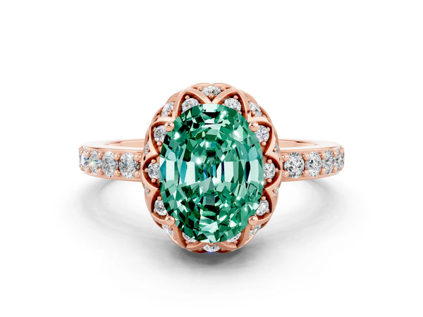 Rose gold Oval Cut Green Sapphire Scalloped Halo Engagement Ring with Round Shared Prong Band