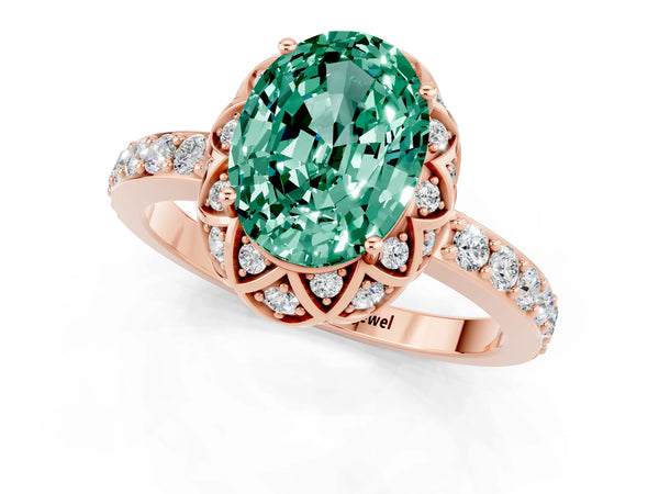 Rose gold Oval Cut Green Sapphire Scalloped Halo Engagement Ring with Round Shared Prong Band