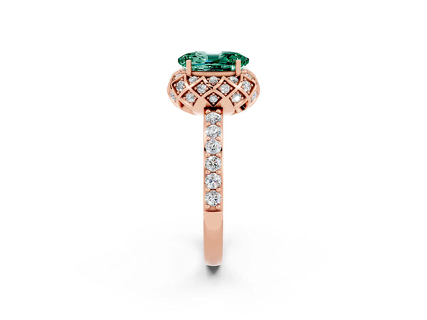 Rose gold Oval Cut Green Sapphire Scalloped Halo Engagement Ring with Round Shared Prong Band
