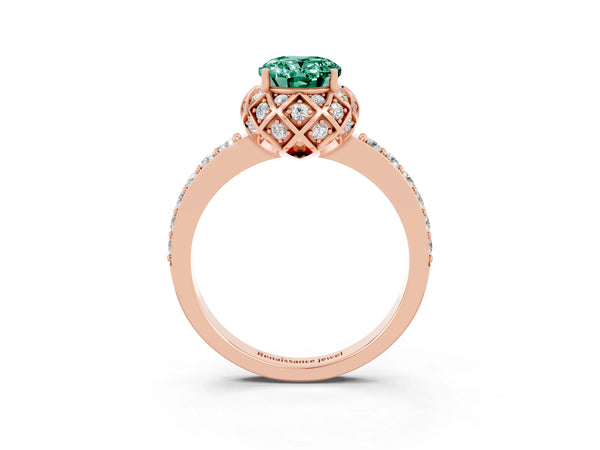 Rose gold Oval Cut Green Sapphire Scalloped Halo Engagement Ring with Round Shared Prong Band