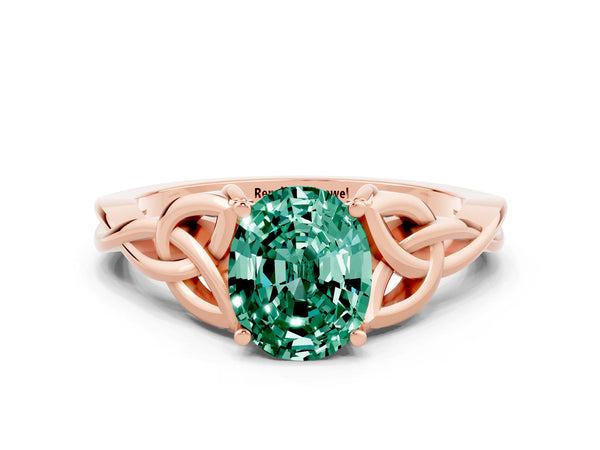 Rose gold Oval Cut Green Sapphire Solitaire Celtic Knot Ring with Four-Prong Setting