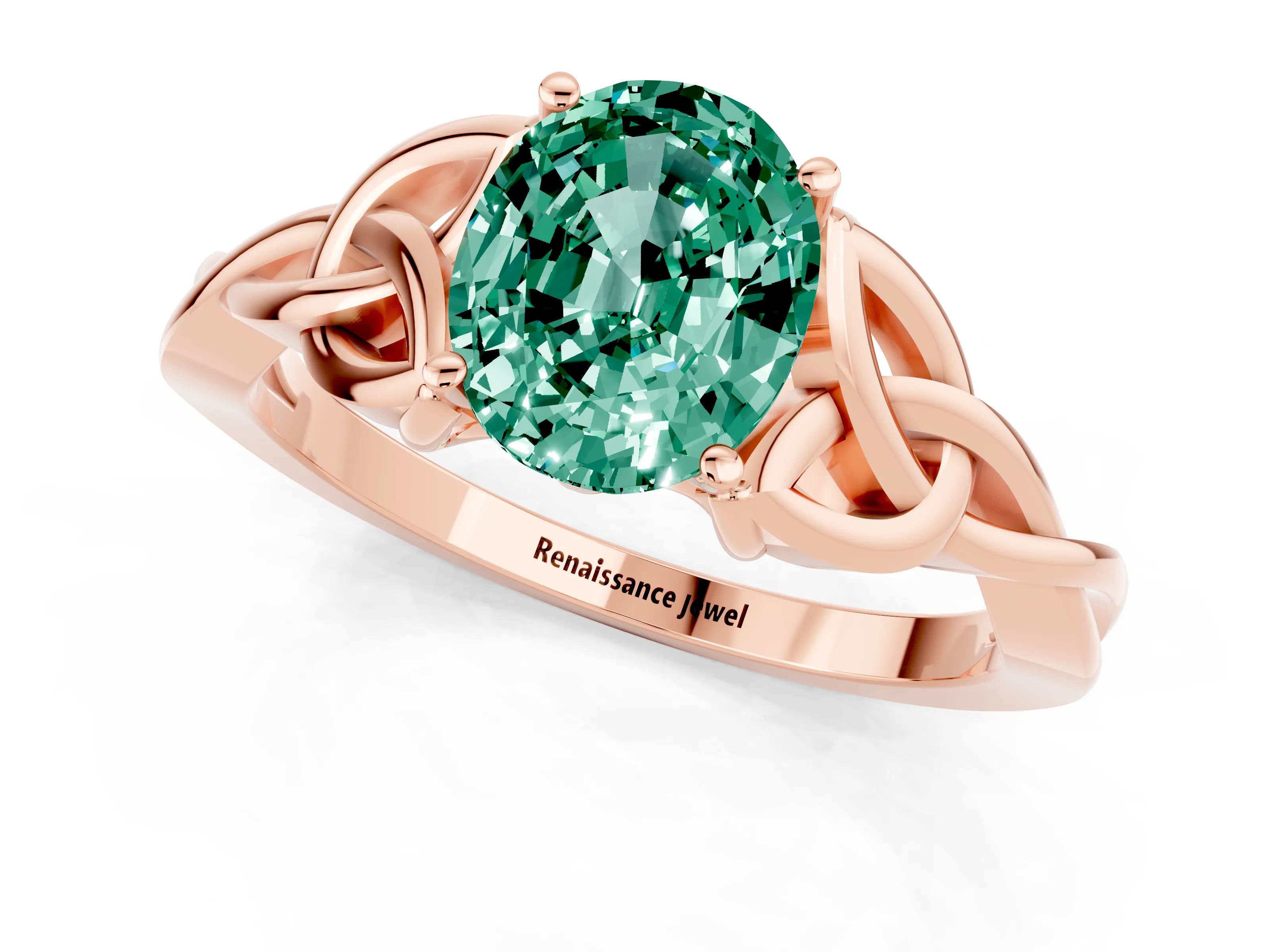Rose gold Oval Cut Green Sapphire Solitaire Celtic Knot Ring with Four-Prong Setting_13