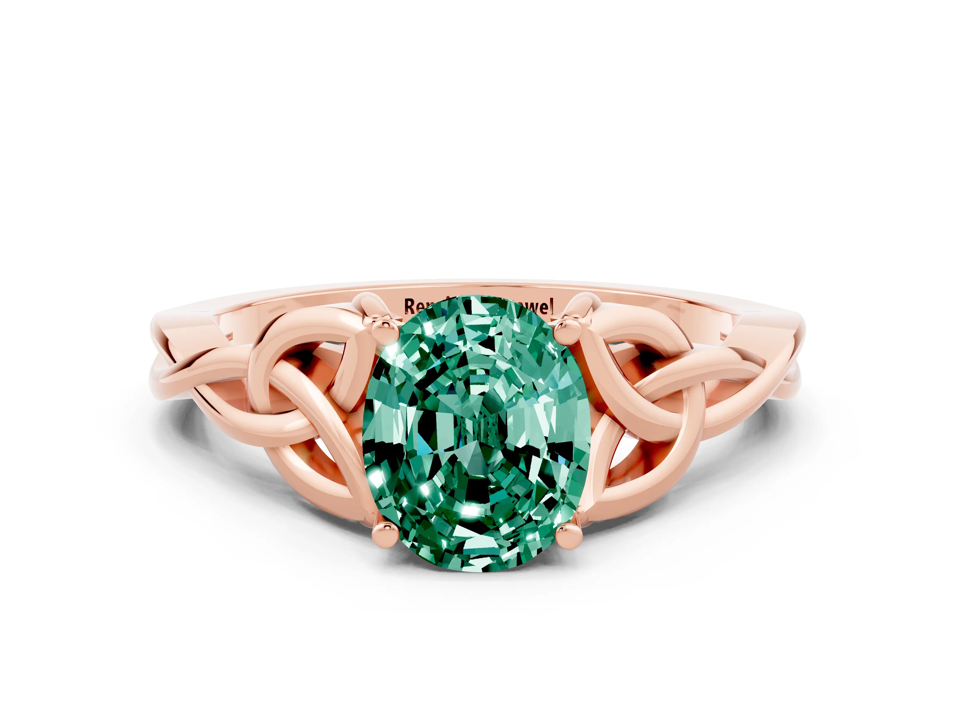 Rose gold Oval Cut Green Sapphire Solitaire Engagement Ring with Celtic Knot Band and Four-Prong Setting