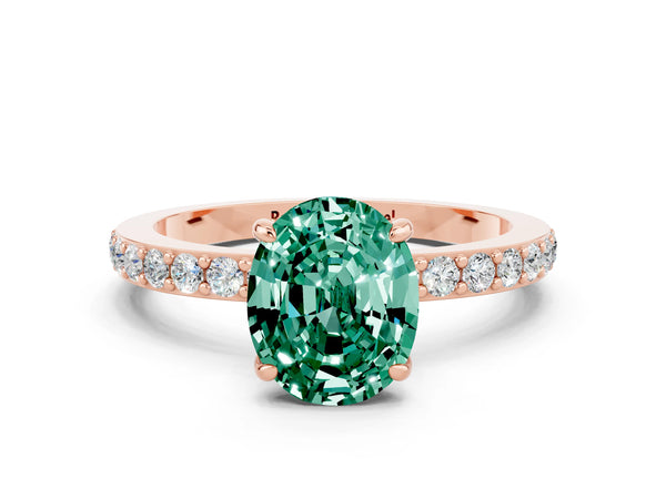 Rose gold Oval Cut Green Sapphire Solitaire Engagement Ring with Pavé Band and Four-Prong Setting