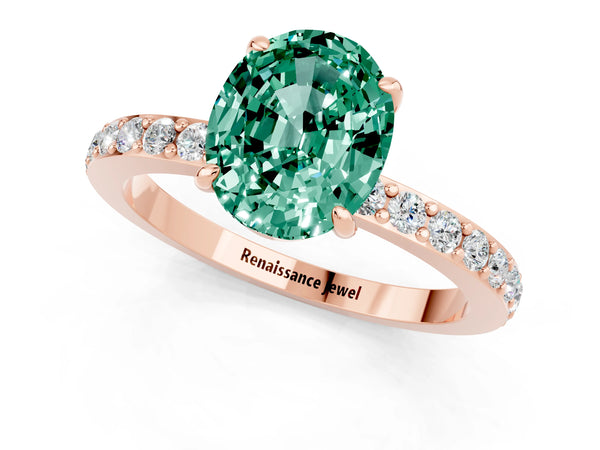 Rose gold Oval Cut Green Sapphire Solitaire Engagement Ring with Pavé Band and Four-Prong Setting