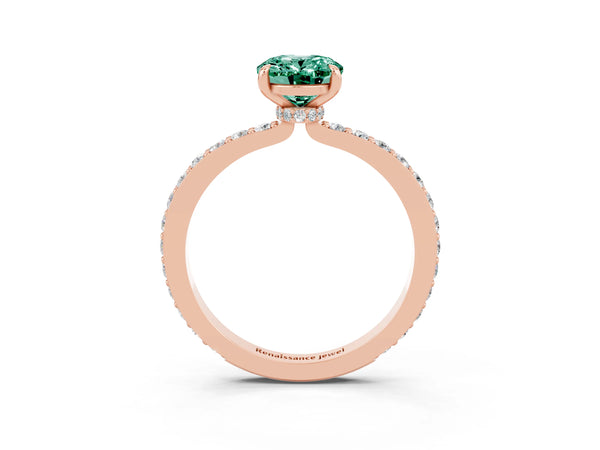 Rose gold Oval Cut Green Sapphire Solitaire Engagement Ring with Pavé Band and Four-Prong Setting