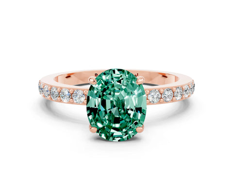 Rose gold Oval Cut Green Sapphire Solitaire Engagement Ring with Pavé Band and Four-Prong Setting