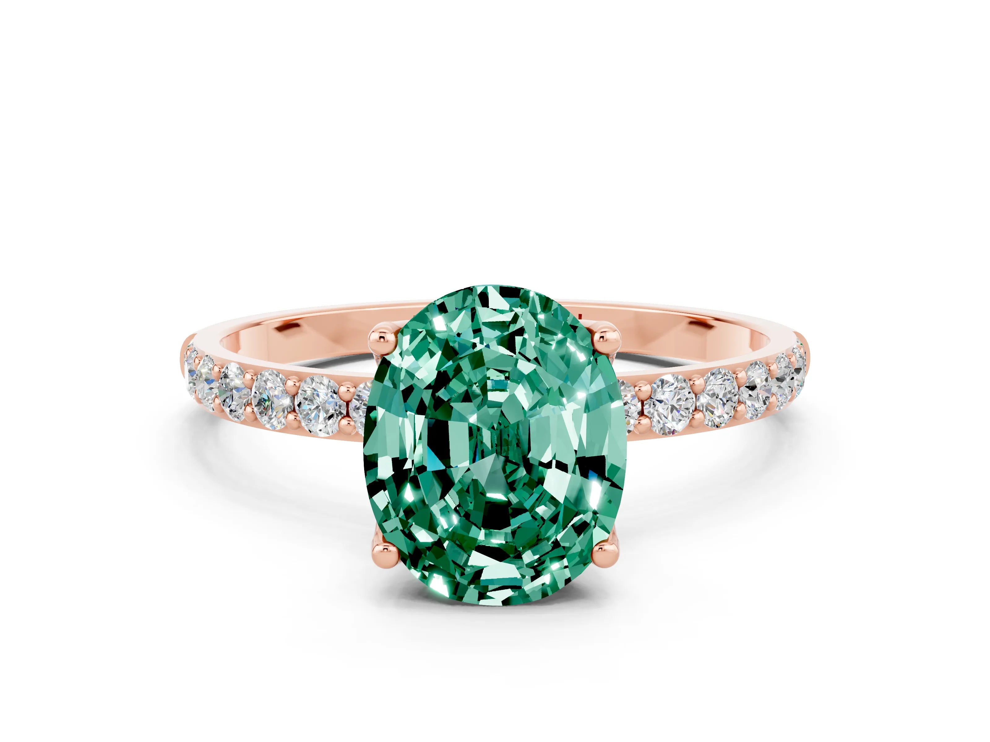 Rose gold Oval Cut Green Sapphire Solitaire Engagement Ring with Pavé Band and Prong Setting