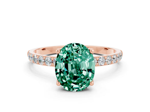 Rose gold Oval Cut Green Sapphire Solitaire Engagement Ring with Pavé Band and Prong Setting