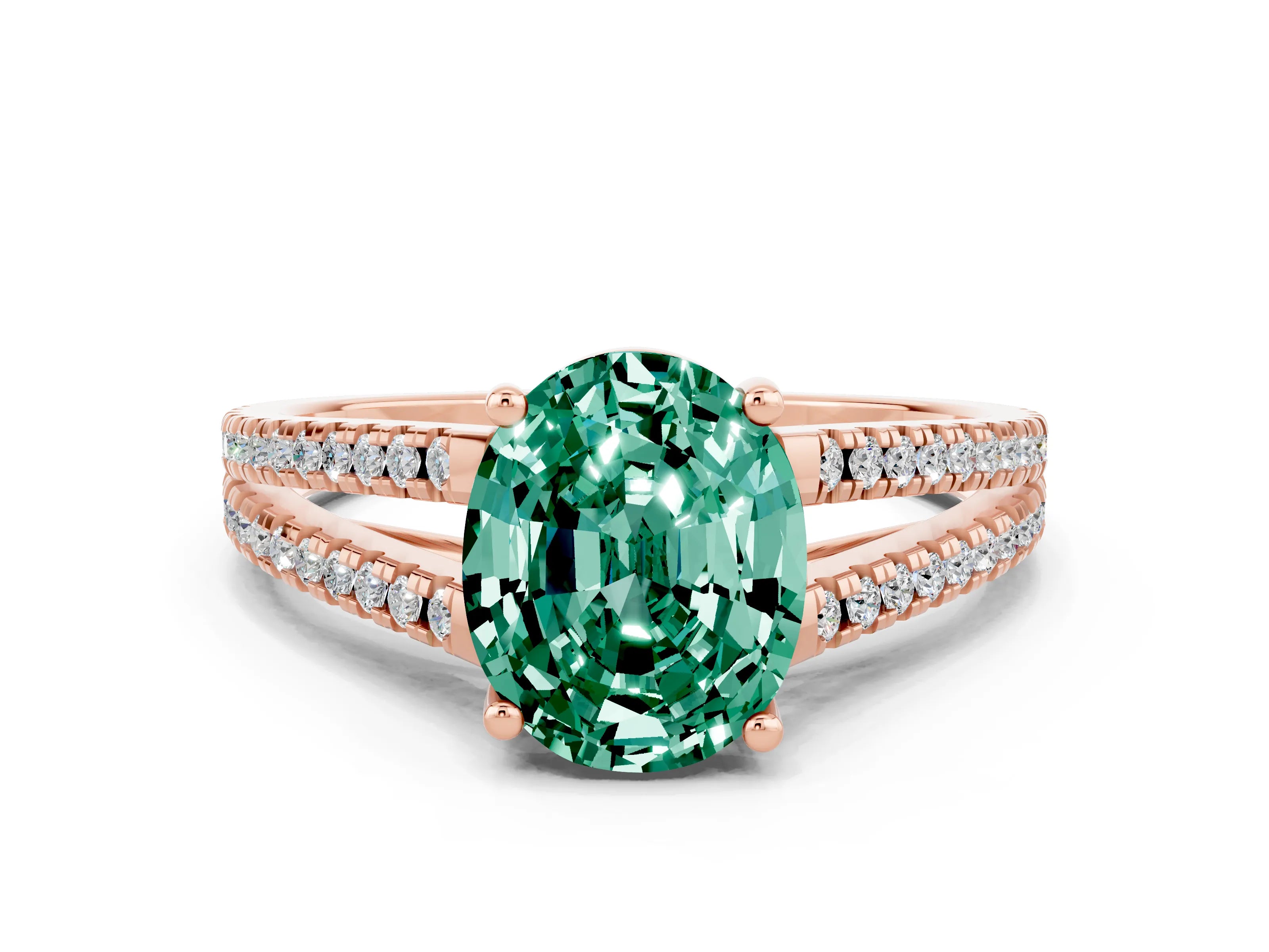 Rose gold Oval Cut Green Sapphire Solitaire Engagement Ring with Split Shank Pavé Band