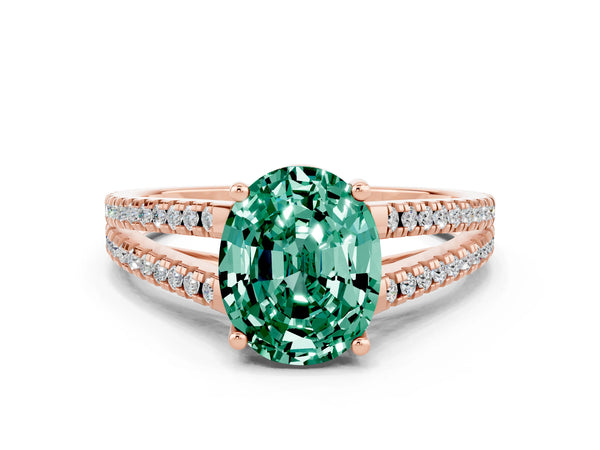 Rose gold Oval Cut Green Sapphire Solitaire Engagement Ring with Split Shank Pavé Band