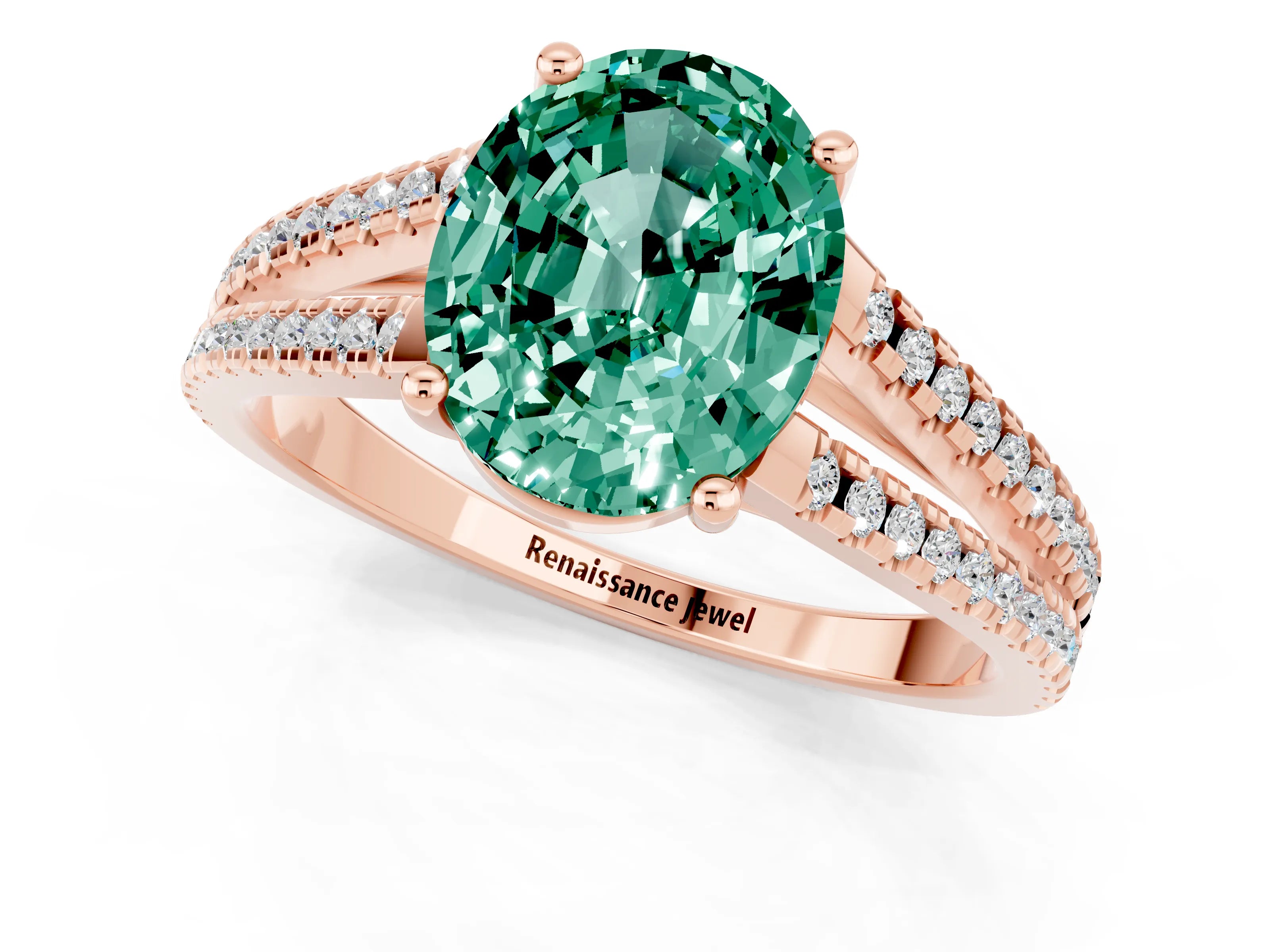 Rose gold Oval Cut Green Sapphire Solitaire Engagement Ring with Split Shank Pavé Band_1