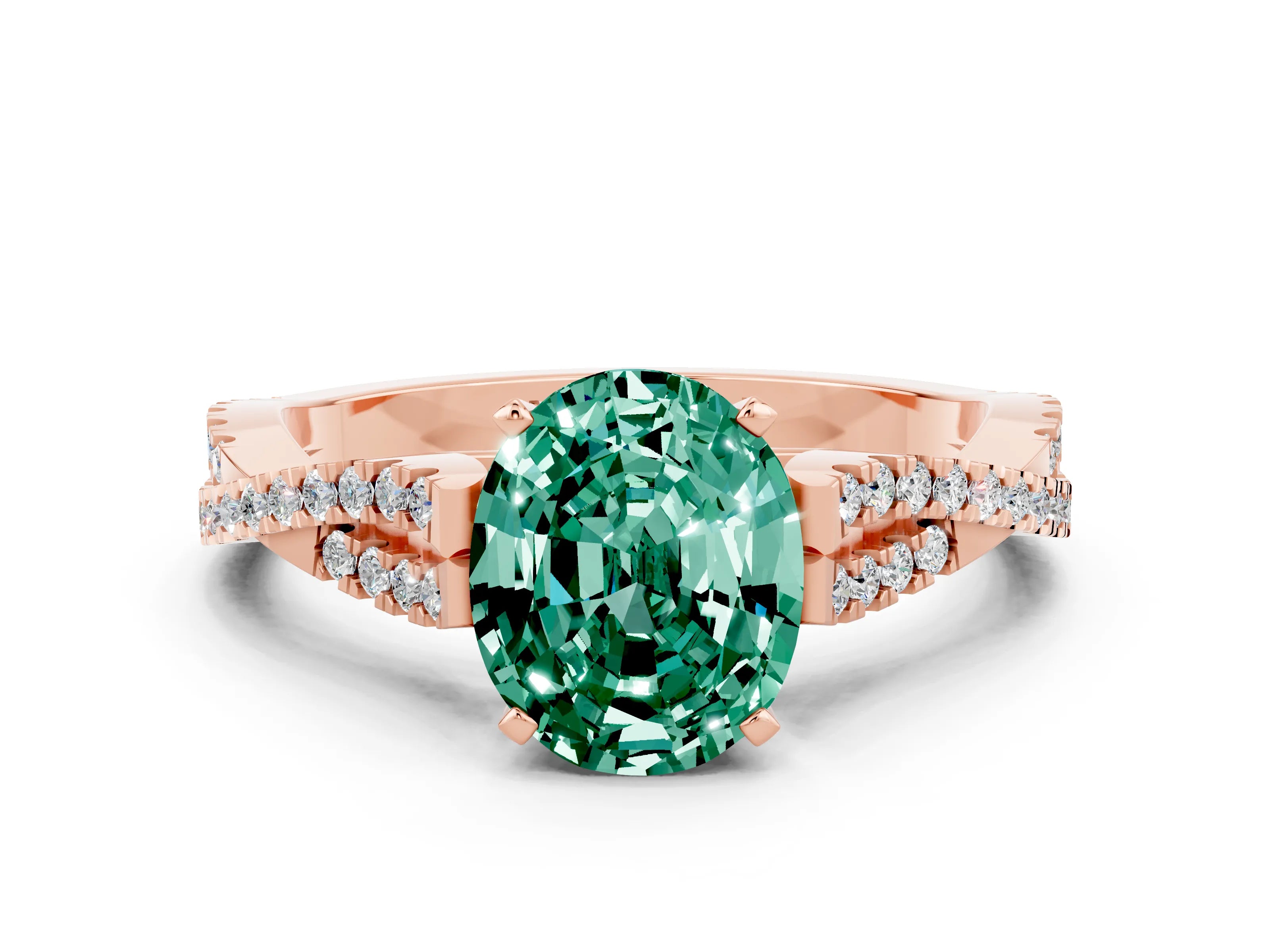 Rose gold Oval Cut Green Sapphire Solitaire Engagement Ring with Twisted Pavé Band and Four-Prong Setting