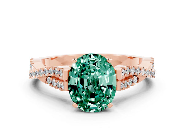 Rose gold Oval Cut Green Sapphire Solitaire Engagement Ring with Twisted Pavé Band and Four-Prong Setting