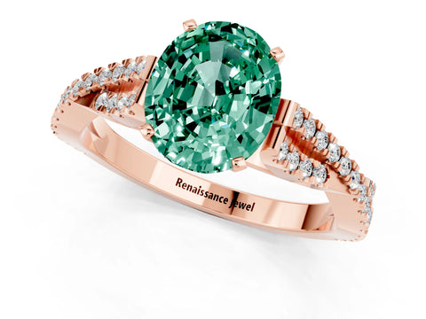 Rose gold Oval Cut Green Sapphire Solitaire Engagement Ring with Twisted Pavé Band and Four-Prong Setting_1