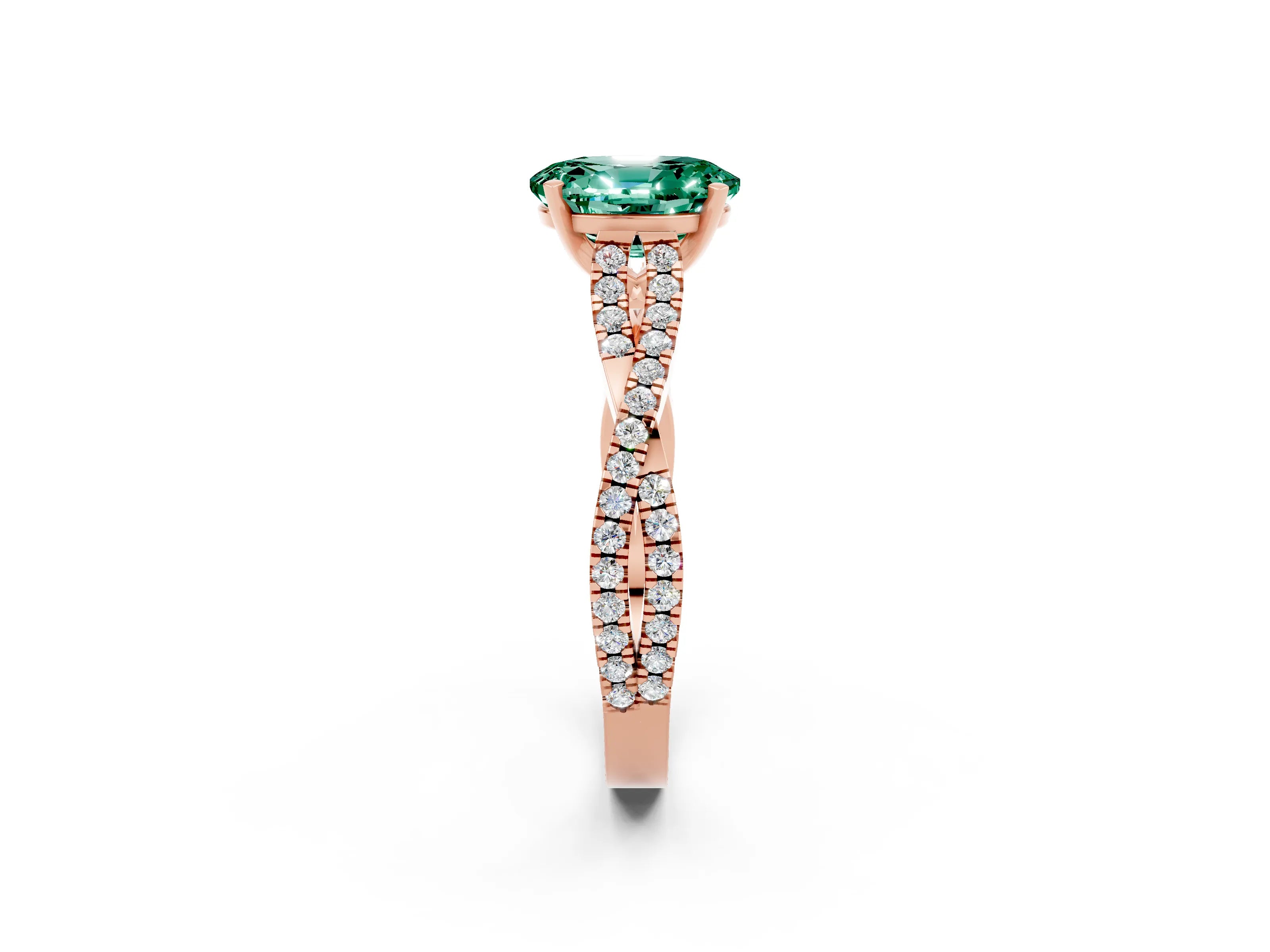 Rose gold Oval Cut Green Sapphire Solitaire Engagement Ring with Twisted Pavé Band and Four-Prong Setting_2
