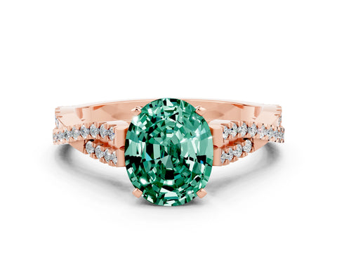 Rose gold Oval Cut Green Sapphire Solitaire Engagement Ring with Twisted Pavé Band and Four-Prong Setting