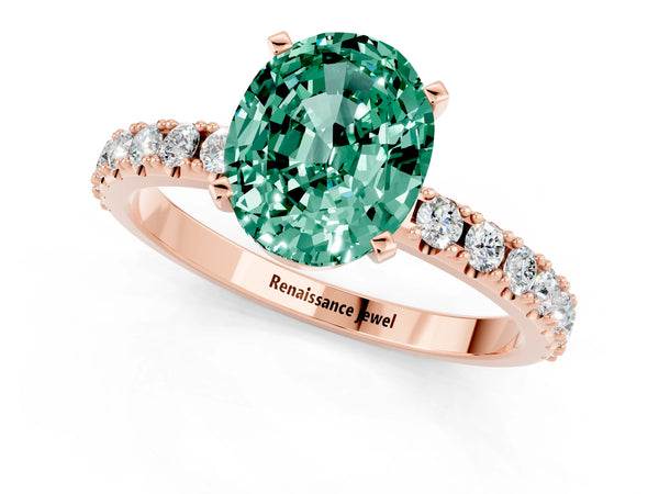 Rose gold Oval Cut Green Sapphire Solitaire Pavé Band with Four-Prong Setting