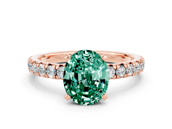 Rose gold Oval Cut Green Sapphire Solitaire Pavé Engagement Ring with Round Band and Prong Setting