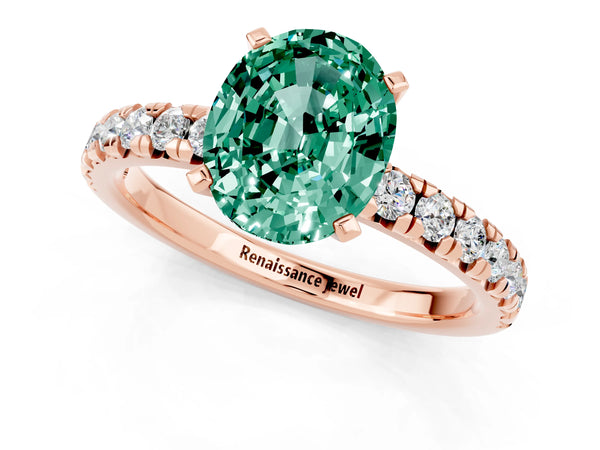 Rose gold Oval Cut Green Sapphire Solitaire Pavé Engagement Ring with Round Band and Prong Setting