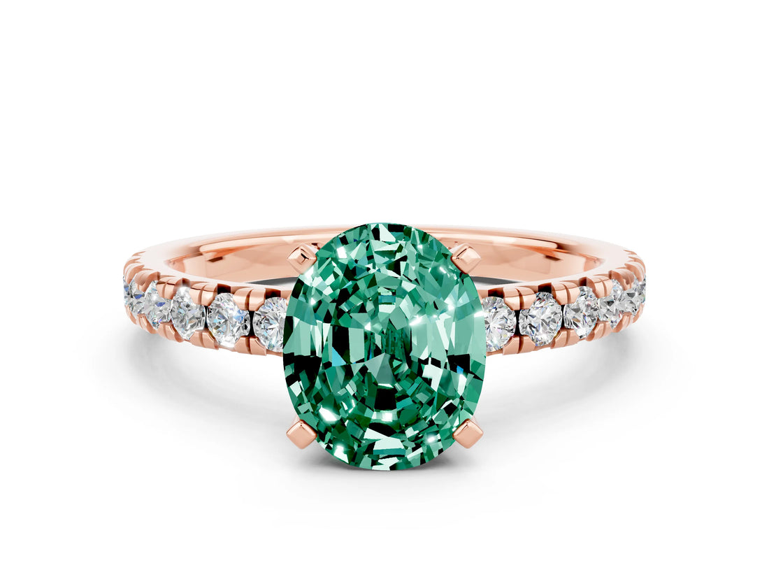Rose gold Oval Cut Green Sapphire Solitaire Pavé Engagement Ring with Round Band and Prong Setting_72