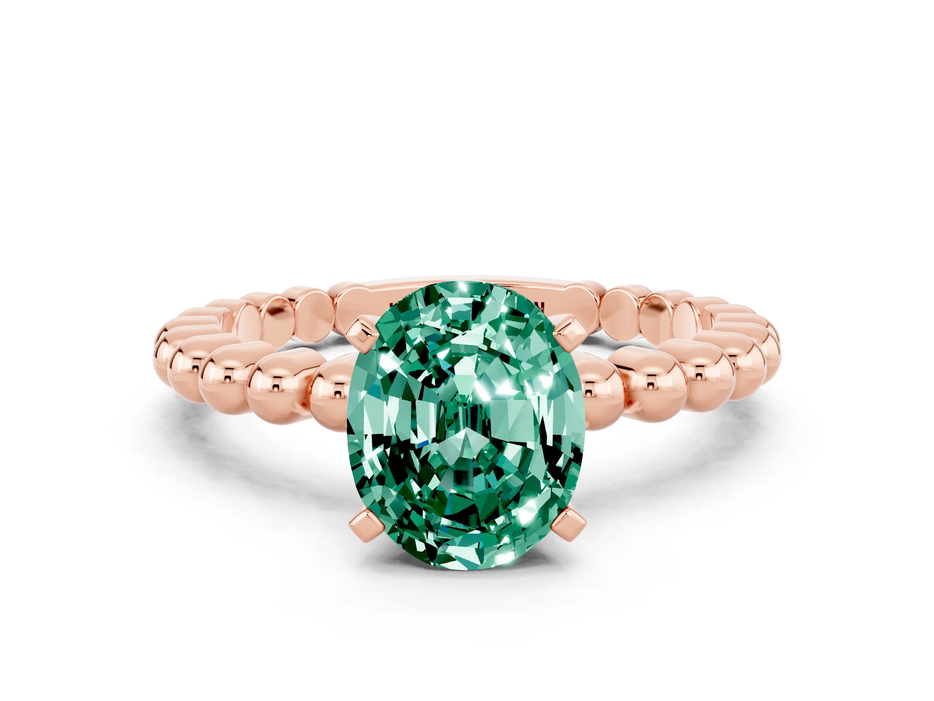 Rose gold Oval Cut Green Sapphire Solitaire Ring with Beaded Band and Prong Setting