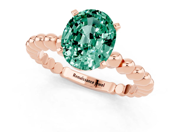 Rose gold Oval Cut Green Sapphire Solitaire Ring with Beaded Band and Prong Setting