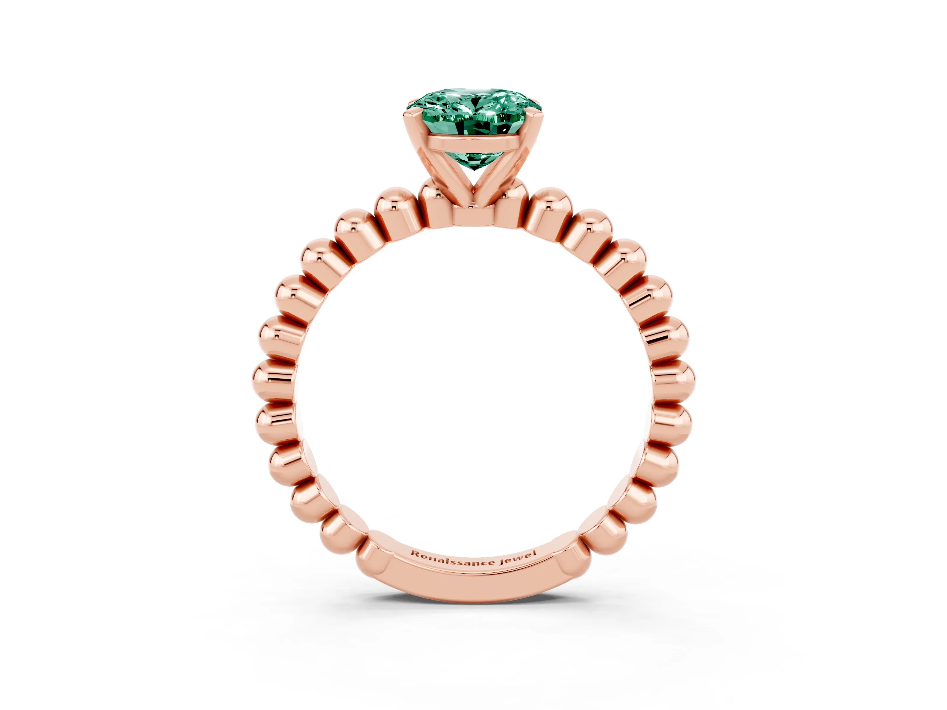 Rose gold Oval Cut Green Sapphire Solitaire Ring with Beaded Band and Prong Setting_3