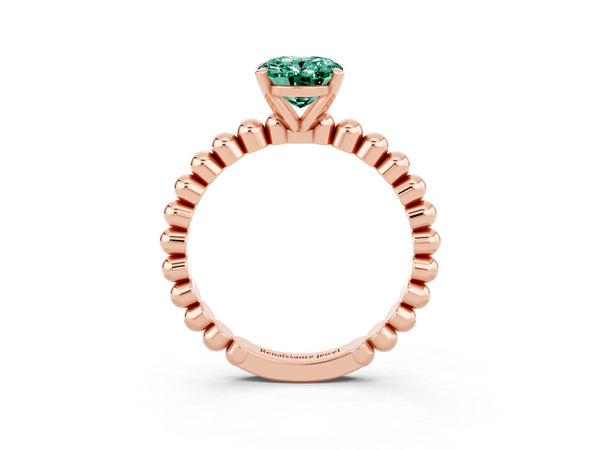 Rose gold Oval Cut Green Sapphire Solitaire Ring with Beaded Band and Prong Setting