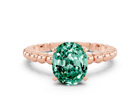 Rose gold Oval Cut Green Sapphire Solitaire Ring with Beaded Band and Prong Setting