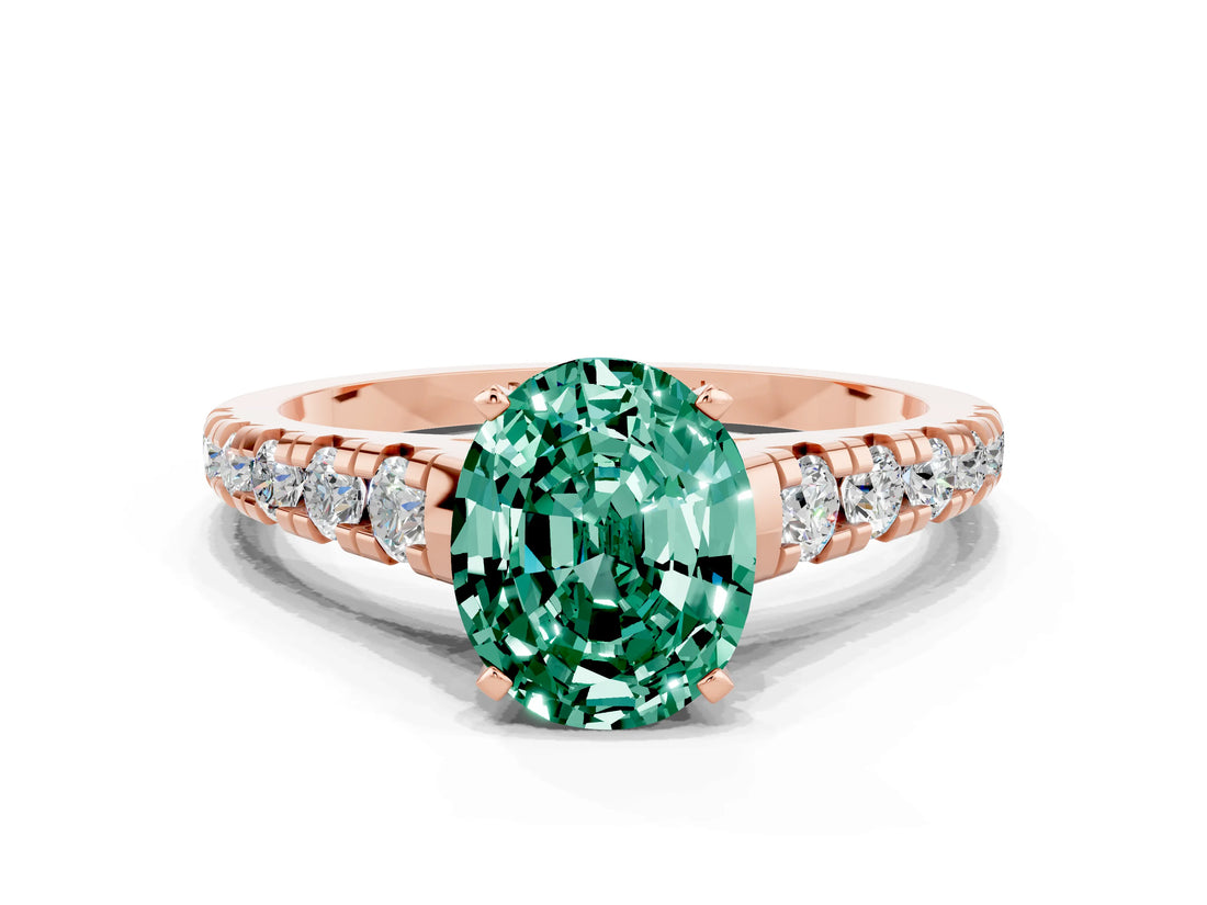 Rose gold Oval Cut Green Sapphire Solitaire Ring with Cathedral Setting and Pavé Band