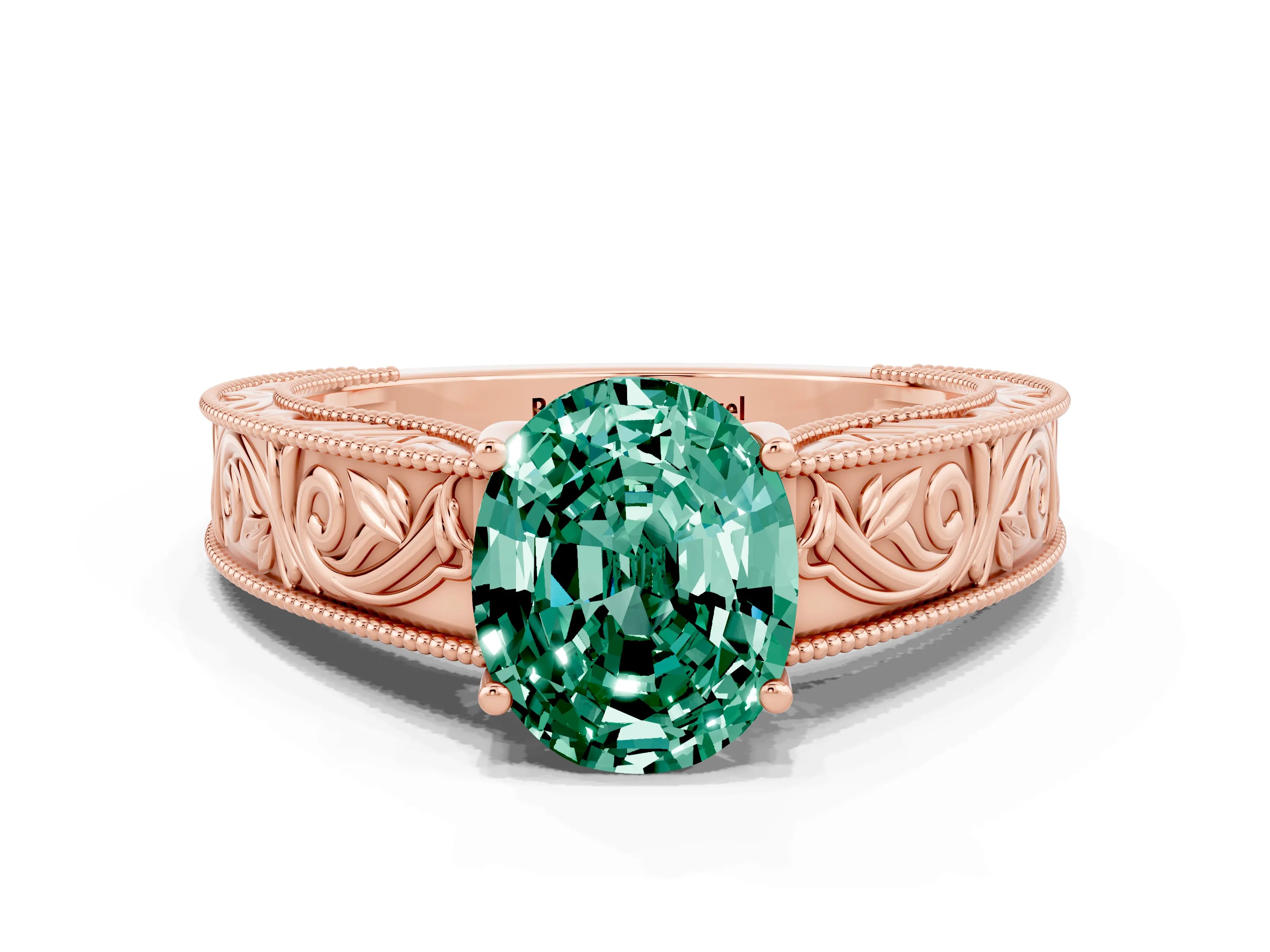 Rose gold Oval Cut Green Sapphire Solitaire Ring with Engraved Band and Four-Prong Setting