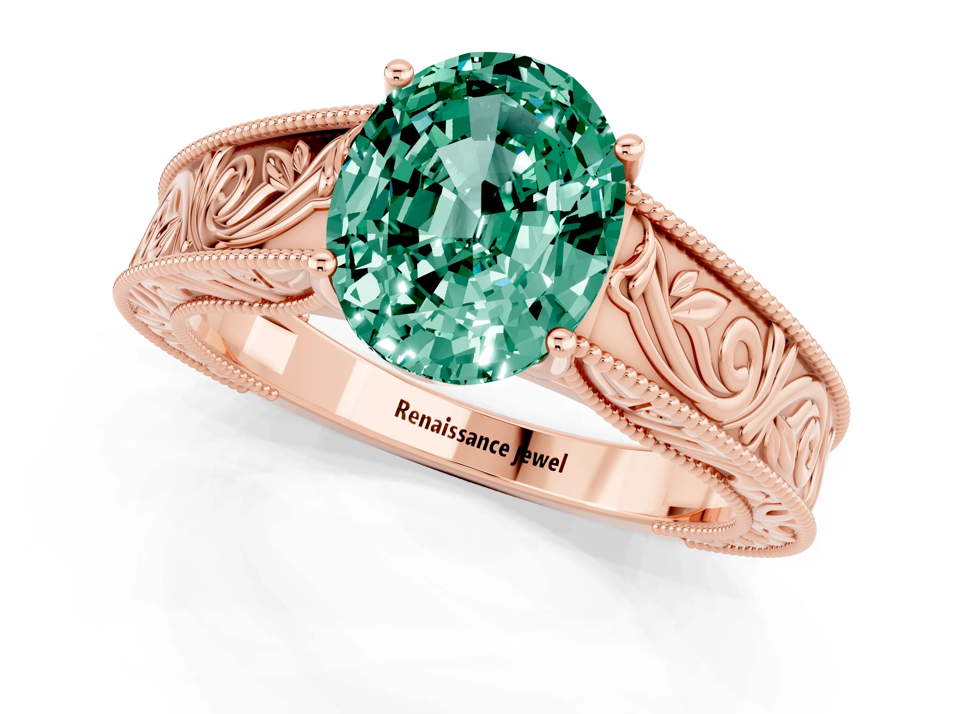 Rose gold Oval Cut Green Sapphire Solitaire Ring with Engraved Band and Four-Prong Setting_1