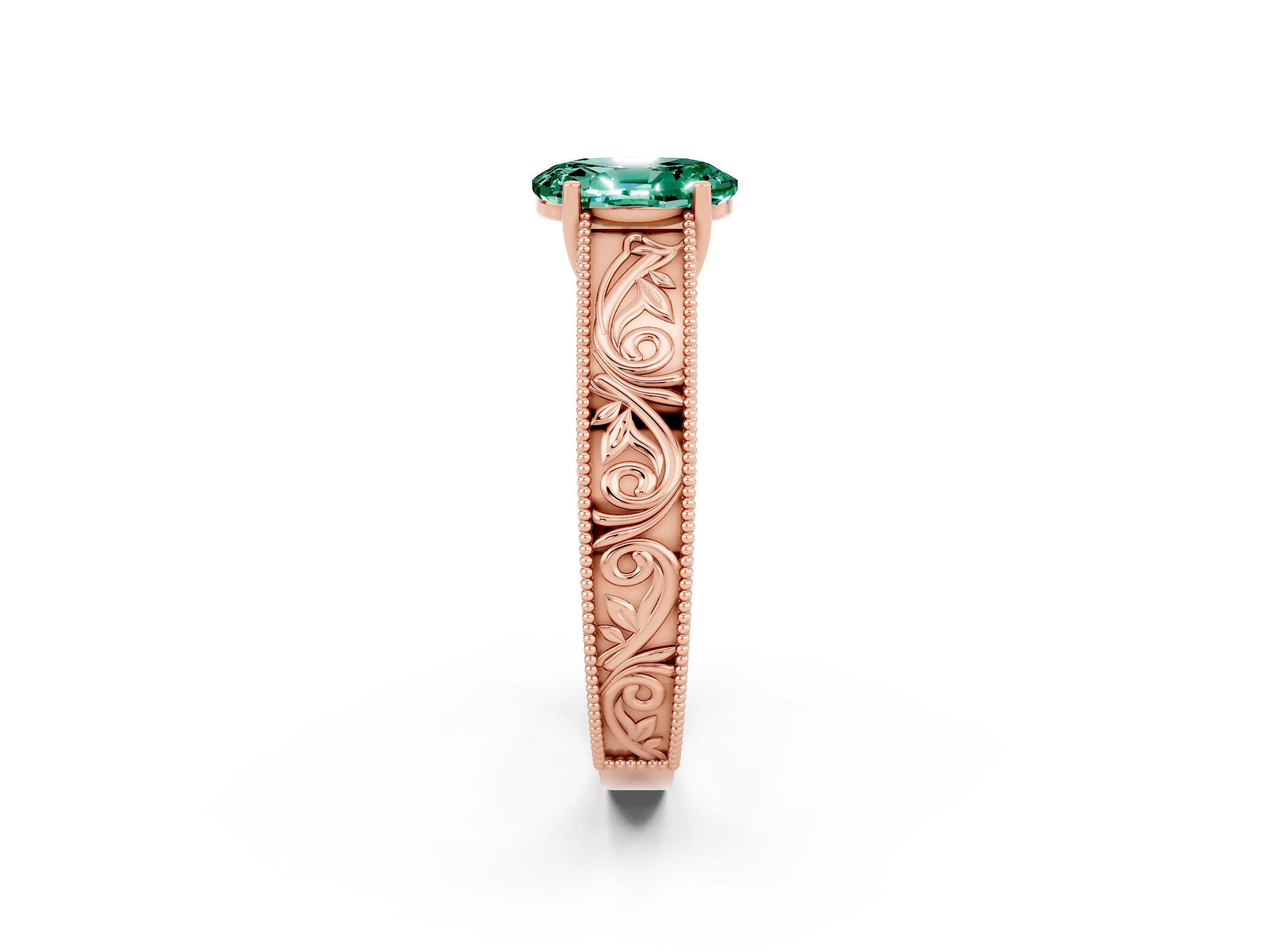 Rose gold Oval Cut Green Sapphire Solitaire Ring with Engraved Band and Four-Prong Setting_2