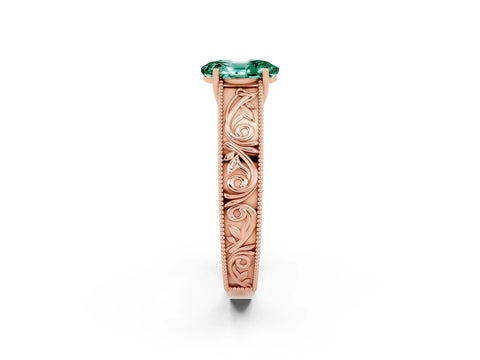 Rose gold Oval Cut Green Sapphire Solitaire Ring with Engraved Band and Four-Prong Setting_2