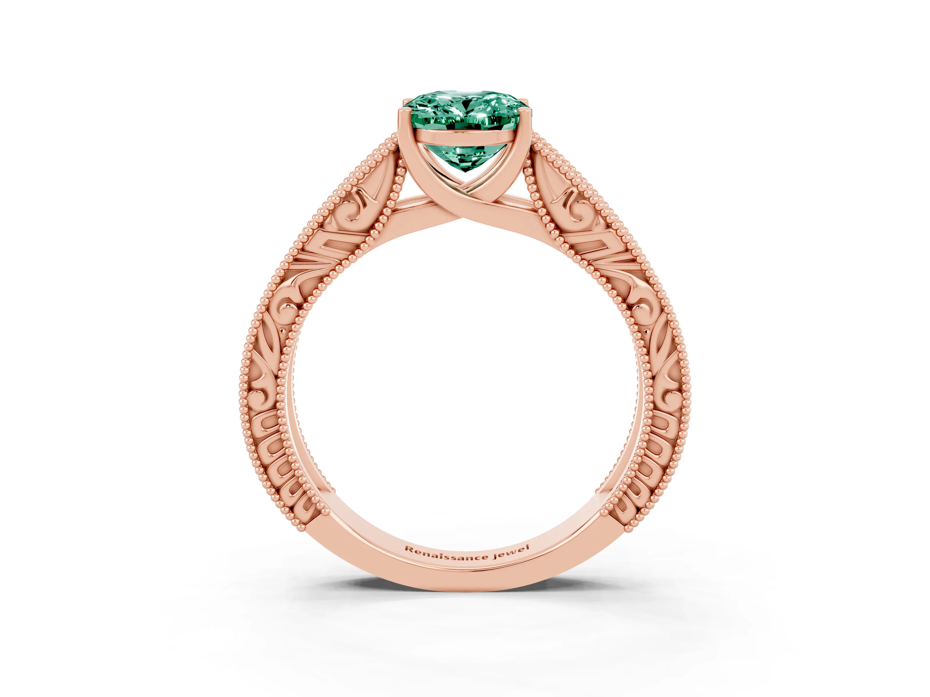Rose gold Oval Cut Green Sapphire Solitaire Ring with Engraved Band and Four-Prong Setting_3