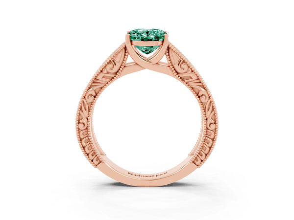 Rose gold Oval Cut Green Sapphire Solitaire Ring with Engraved Band and Four-Prong Setting