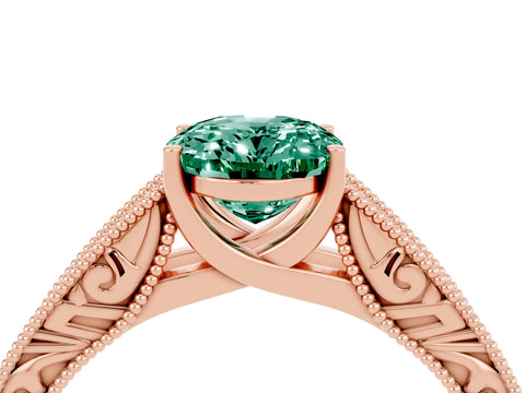 Rose gold Oval Cut Green Sapphire Solitaire Ring with Engraved Band and Four-Prong Setting_4