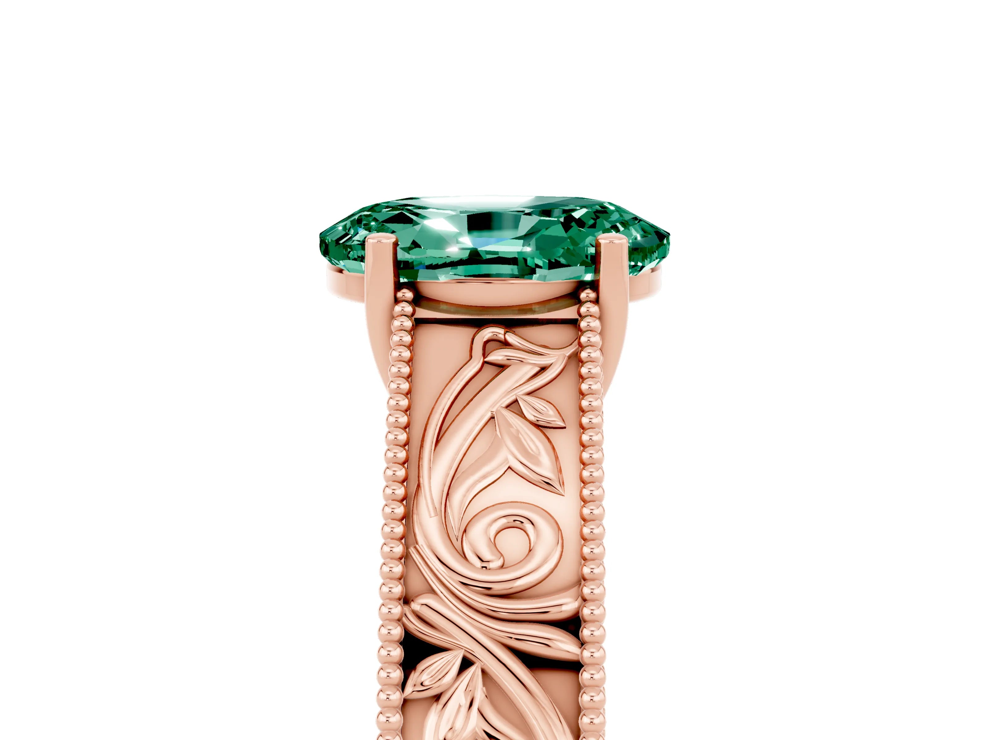 Rose gold Oval Cut Green Sapphire Solitaire Ring with Engraved Band and Four-Prong Setting_5