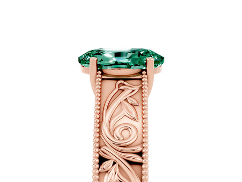 Rose gold Oval Cut Green Sapphire Solitaire Ring with Engraved Band and Four-Prong Setting_5