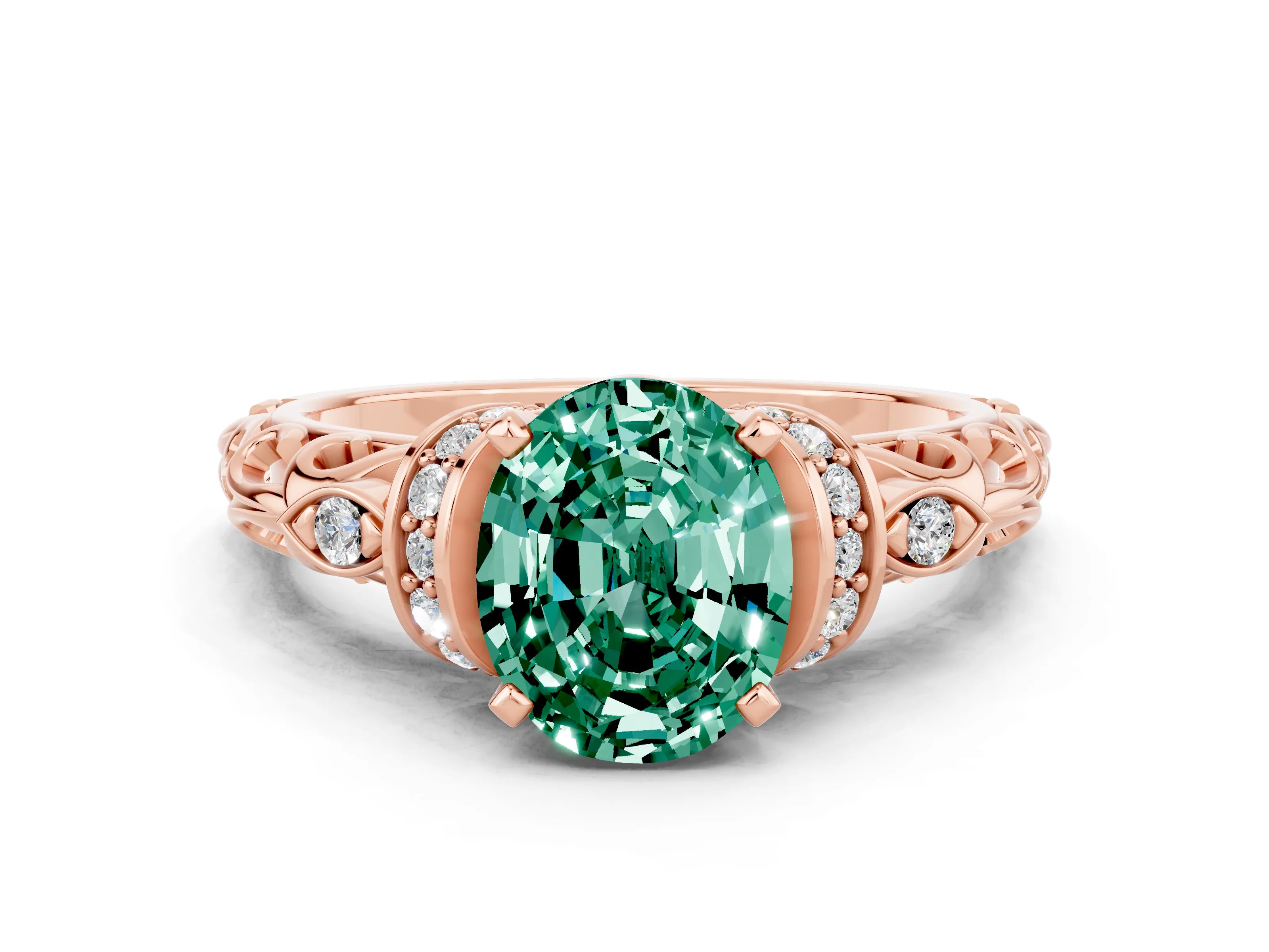 Rose gold Oval Cut Green Sapphire Solitaire Ring with Filigree Band and Four-Prong Setting_24