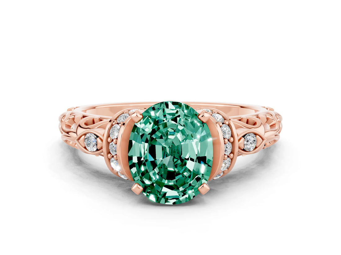 Rose gold Oval Cut Green Sapphire Solitaire Ring with Filigree Band and Four-Prong Setting_24